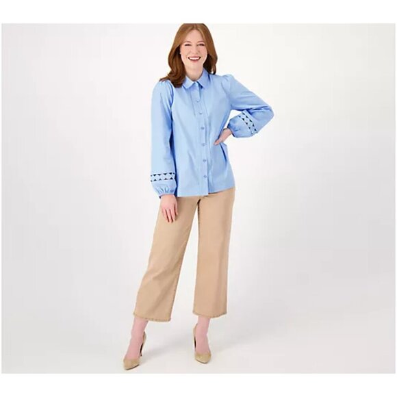 Isaac Mizrahi Live! White Petite Stretch Poplin Tunic w/Circle Lace Trim 10P - Picture 5 of 8